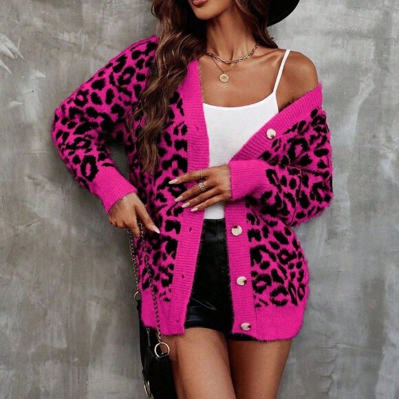 Hot Pink Casual Women's Contrast Color Leopard Print Long Sleeve Knit Cardigan - Picture 5 of 6
